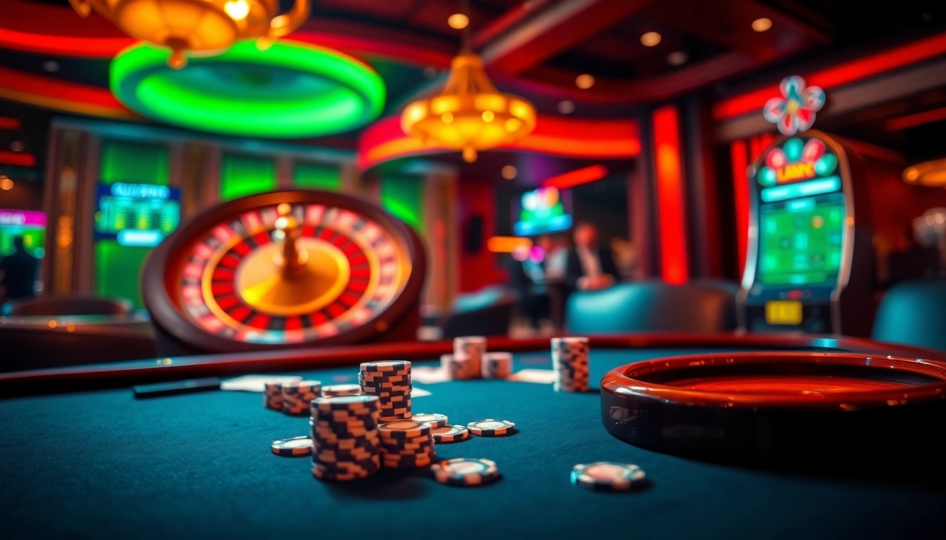 Cổng game LUCK8 showcasing a luxurious casino scene with poker and roulette excitement.