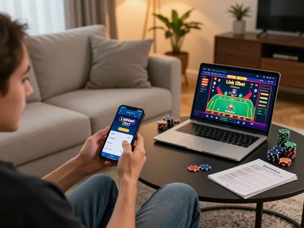 Cảnh hấp dẫn cho thấy người chơi truy cập ứng dụng Link 12bet trên smartphone để chơi game trực tuyến