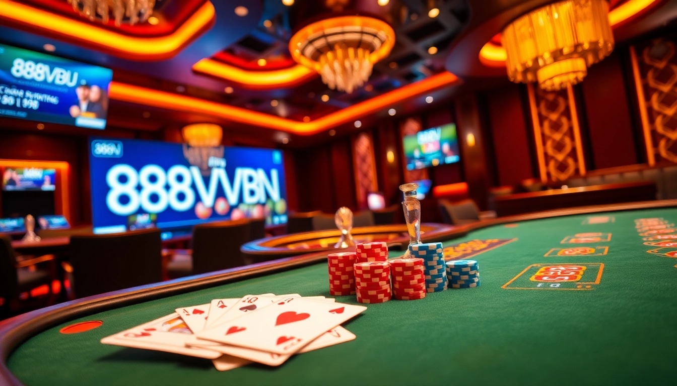 Exciting gaming scene at 888VND casino featuring poker tables and roulette wheels.