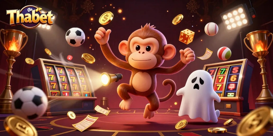 Experience thrilling gaming at Thabet, featuring a playful poltergeist monkey and golden casino elements.
