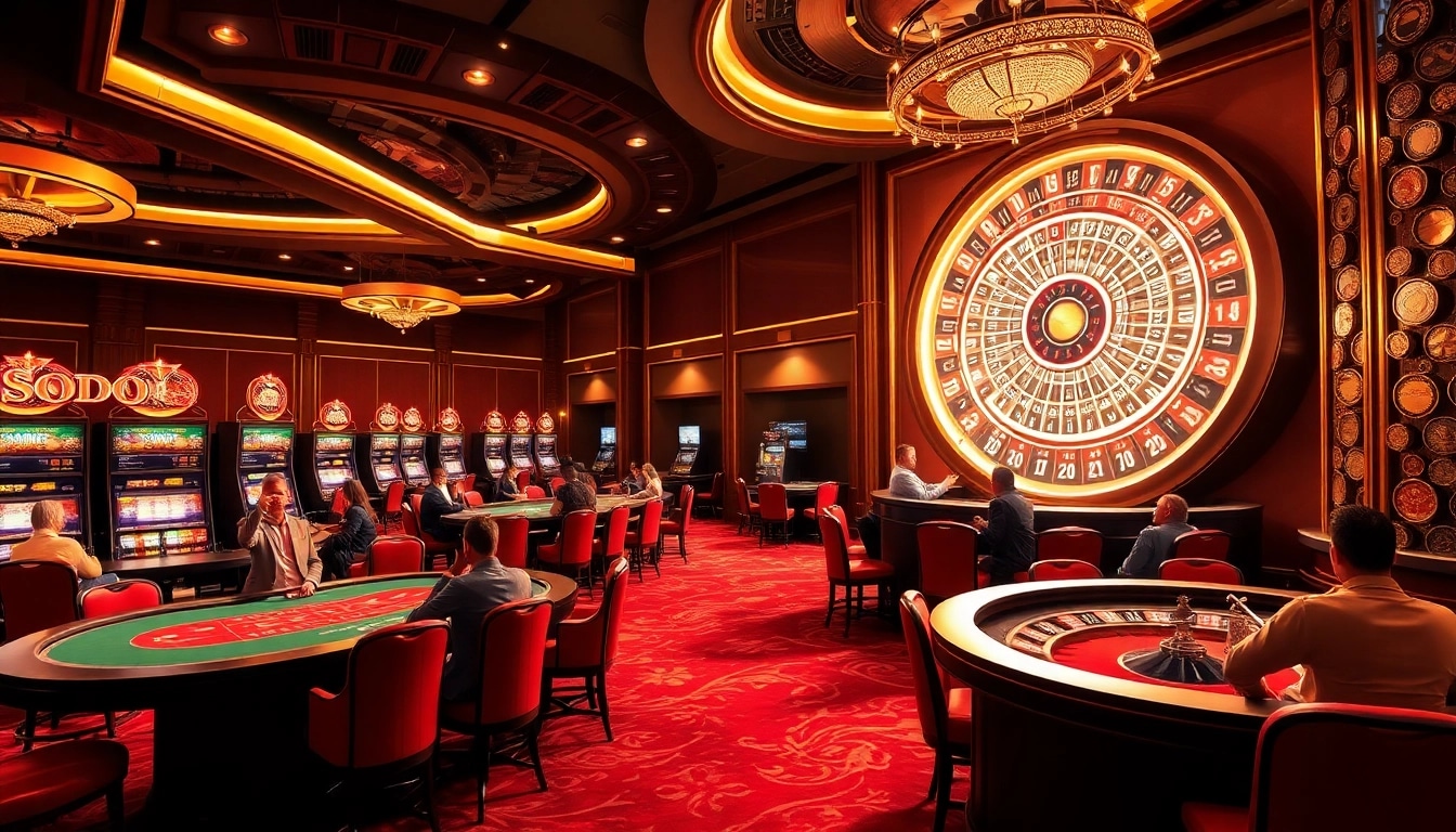 SODO Casino players enjoying thrilling poker and slot games in a luxurious setting.