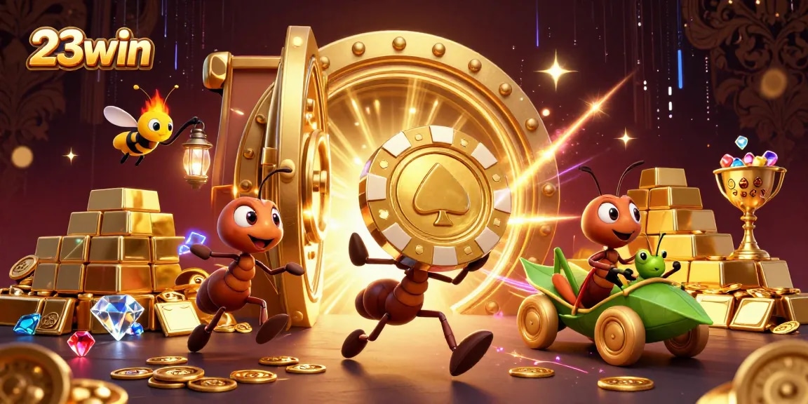 Experience thrilling gameplay with 23win as cartoon ants carry a giant poker chip amidst golden treasures.