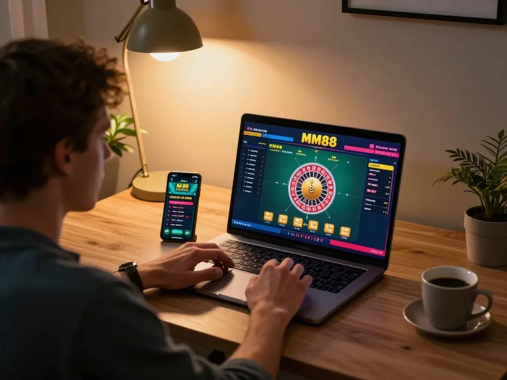 Player using MM88 app for online live dealer roulette game, showing engaging gaming experience.