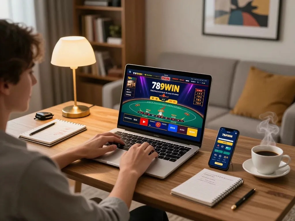 Engaged player using 789WIN app on smartphone while enjoying live blackjack game on laptop.