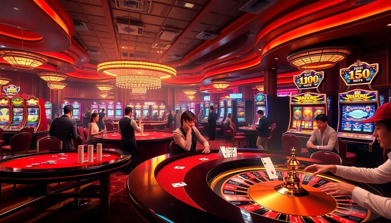 WIN678 casino scene showcasing players engaging in thrilling games with vibrant slot machines and poker tables.