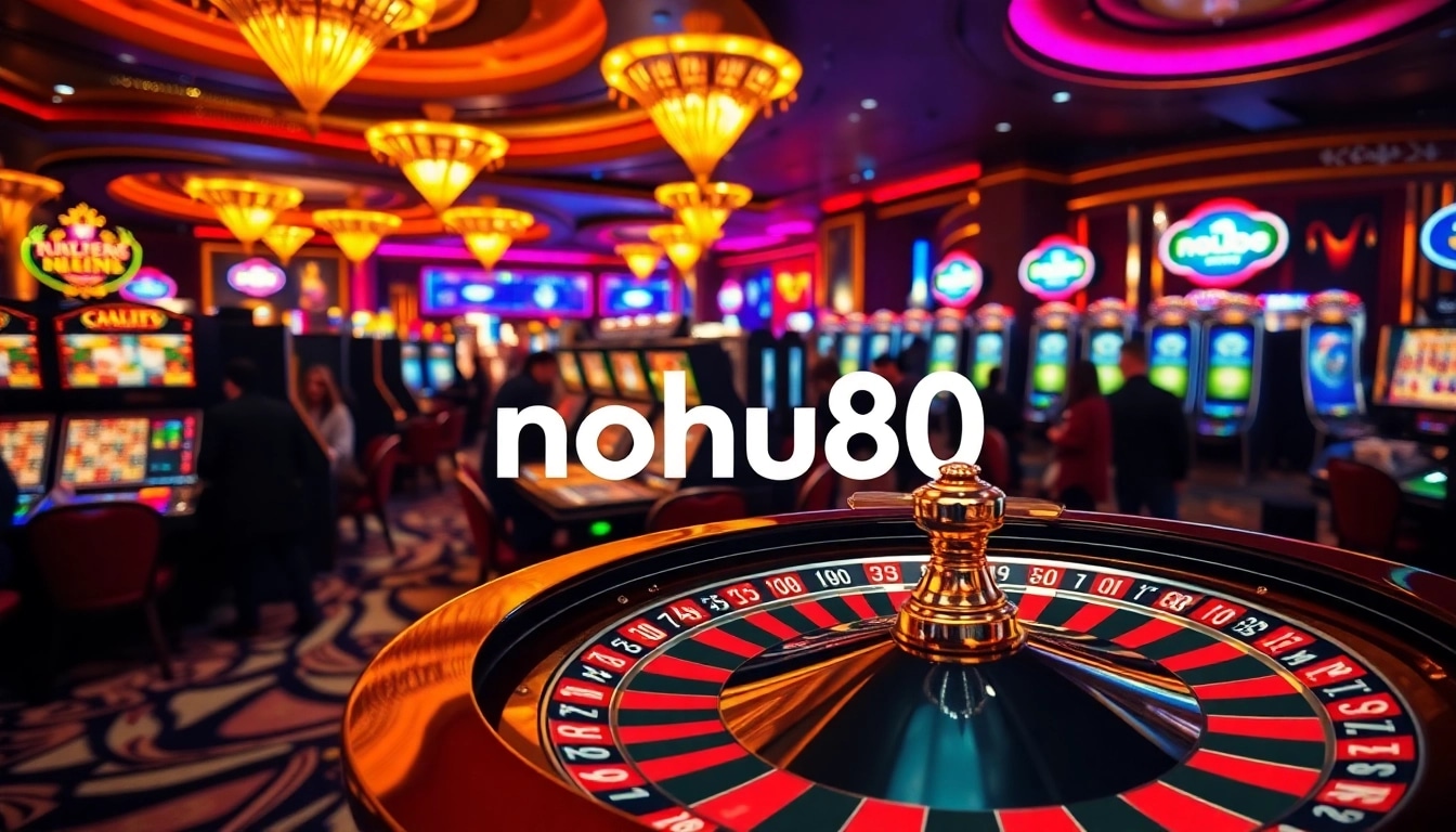 Players enjoying slot machines at nohu90 casino with vibrant lights and roulette wheel.