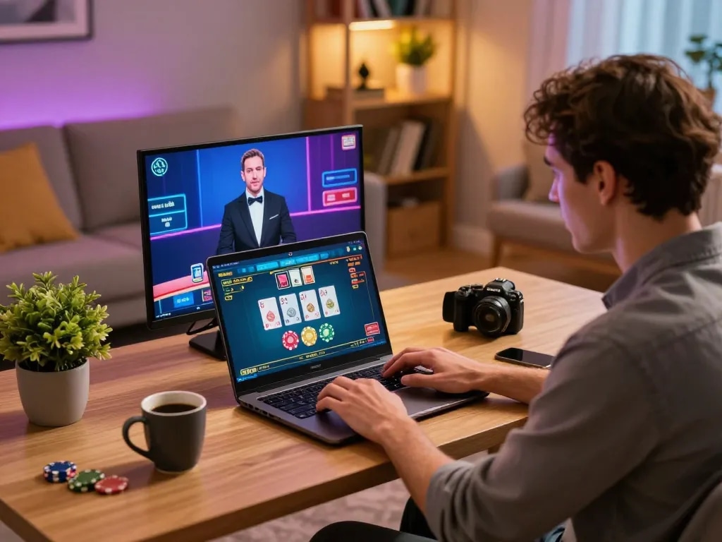 Engaging in online casino gameplay with 32win con at a stylish desk setup, showcasing a live dealer interface.