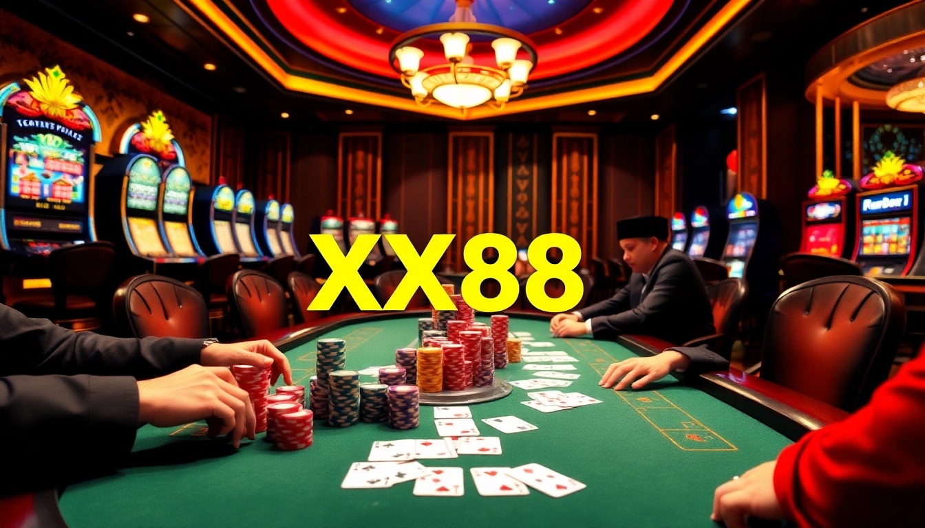 Engage with the thrilling atmosphere of XX88 casino games featuring poker, roulette, and slot machines.