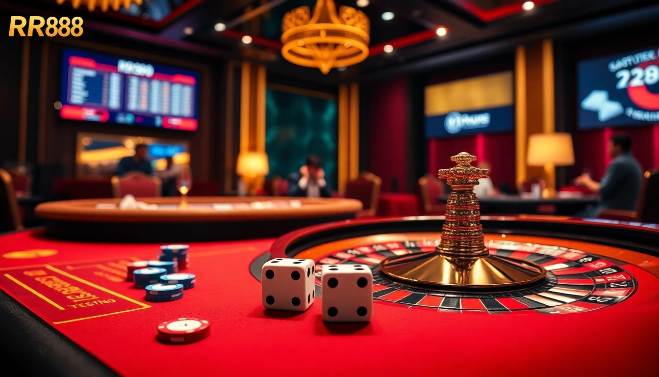 RR88 casino scene showcasing vibrant poker table, roulette wheel, and exciting gameplay atmosphere.