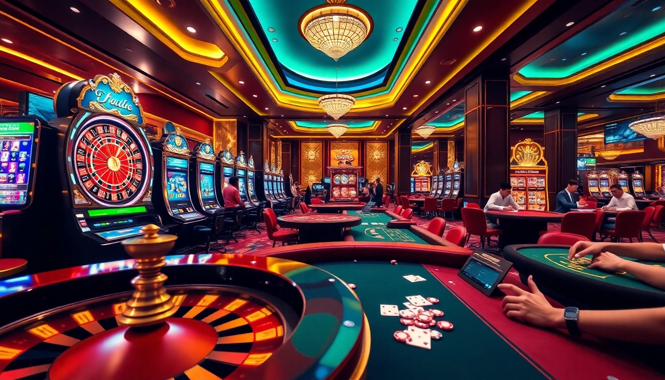 Players enjoying exciting online gambling at https://nk88top.com/ casino with vibrant slot machines and poker tables.