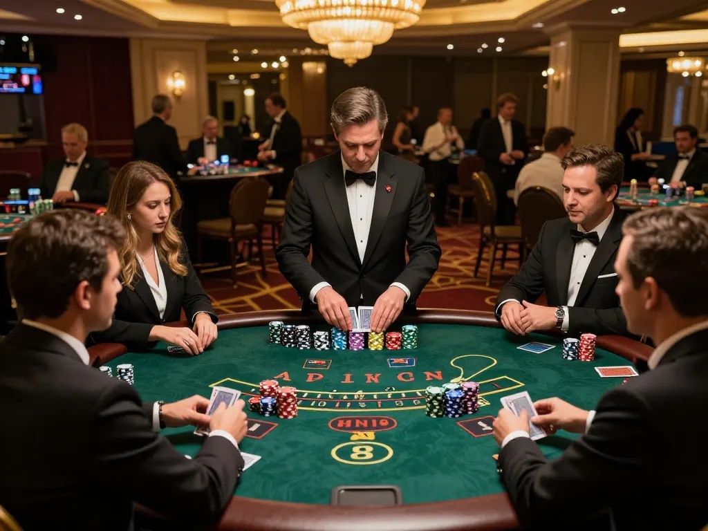 Players engage in a heated blackjack game at luck8 casino, showcasing strategic gameplay with colorful chips.
