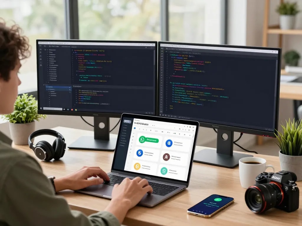 A developer using the MoltBot personal AI assistant in a modern workspace, showcasing dual monitors with code, chat applications, and productivity tools.