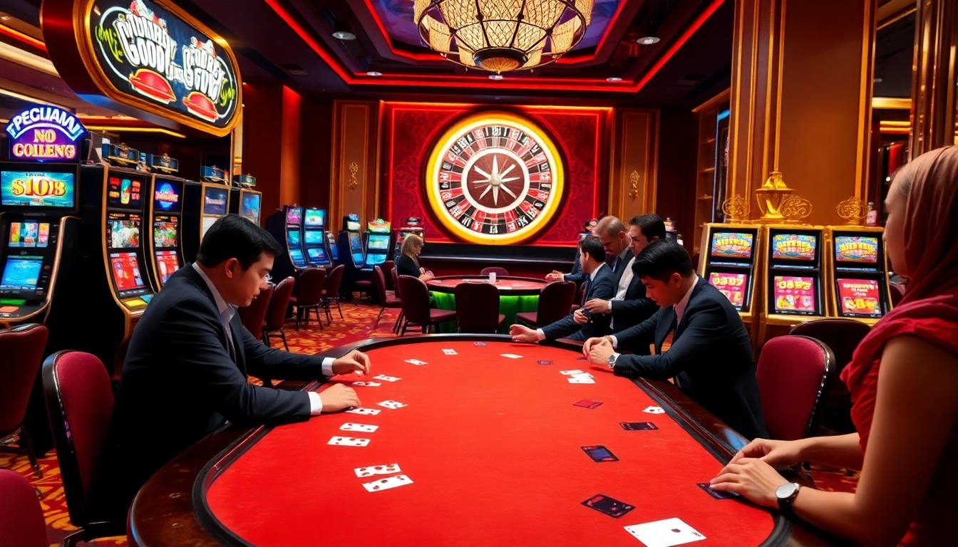 Players enjoying a thrilling game at https://rr9988.net/ casino with vibrant slot machines and a roulette wheel.