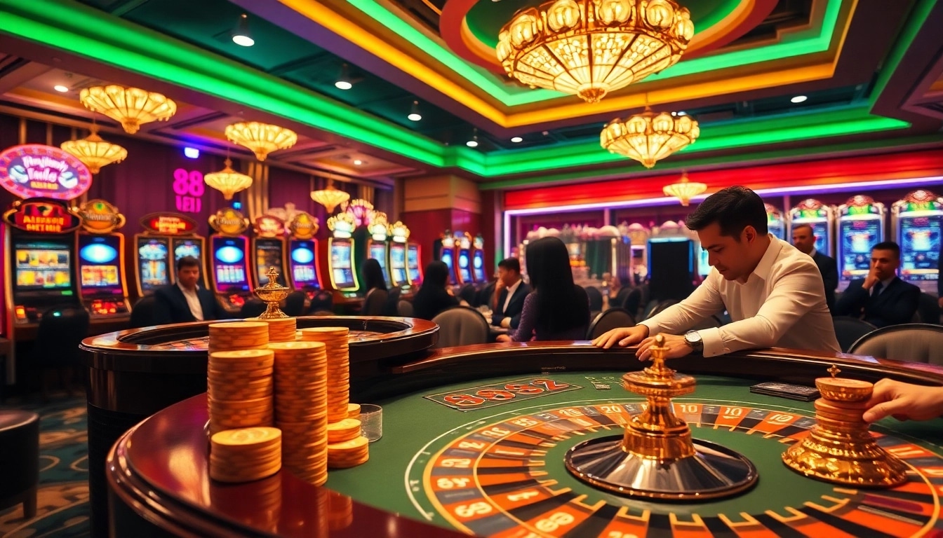 Players engage in a high-stakes poker game at 88I's luxurious casino, showcasing excitement and glamour.