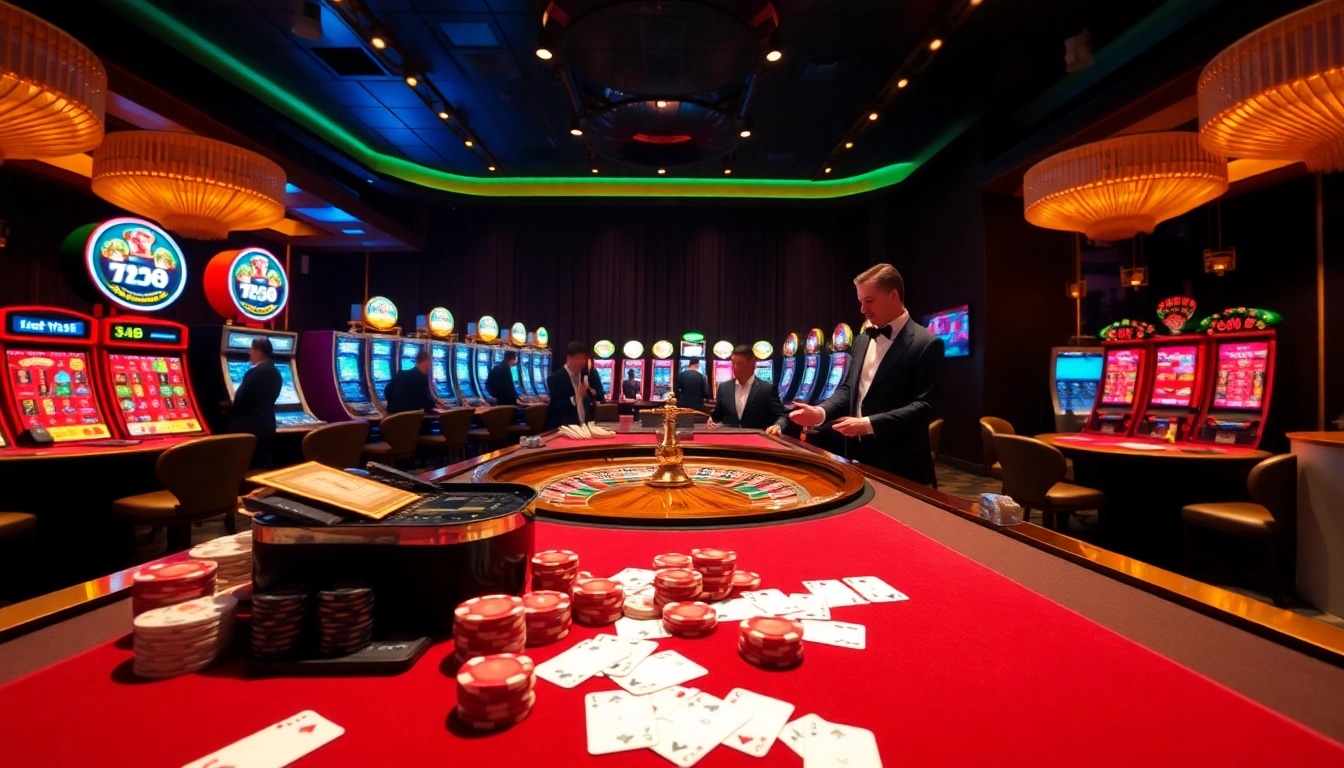 Experience the thrill of 789f with vibrant casino tables, poker chips, and roulette.