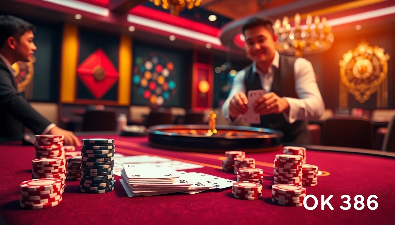 Engaging scene at OK8386 casino with vibrant poker table and roulette wheel.