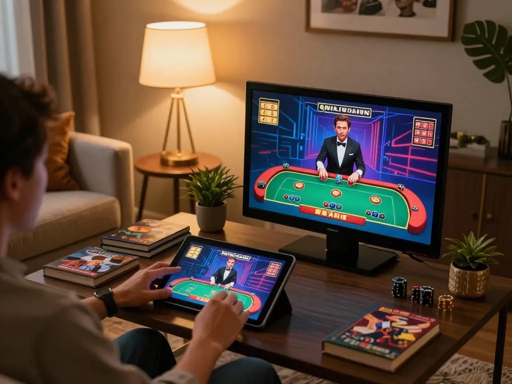 F168.ing - Engaging with interactive live dealer game on tablet in stylish home casino setup