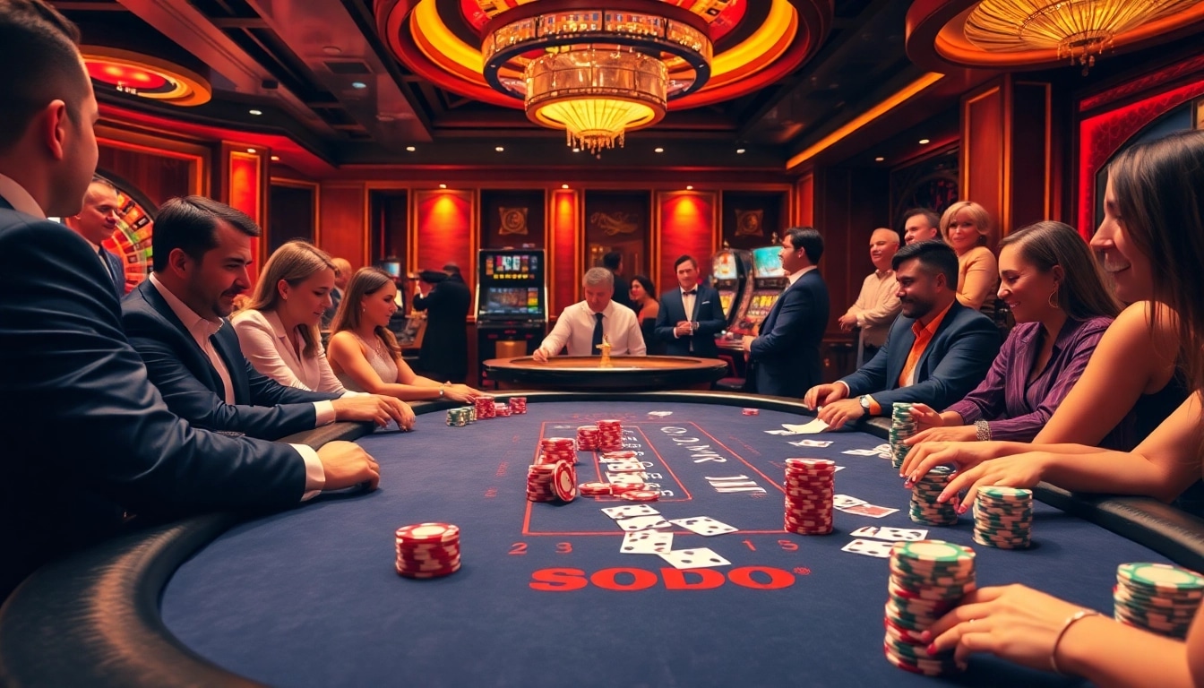 SODO Casino scene with players at a poker table surrounded by chips and cards.
