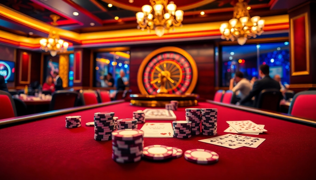 Engaged players enjoy a thrilling game at Jun88's luxurious casino table with poker chips and cards.