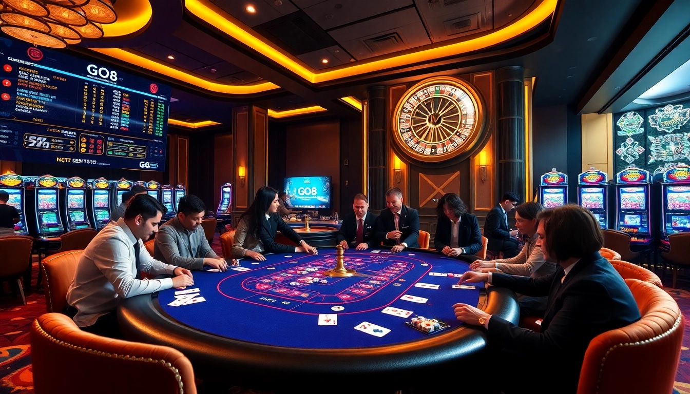 Players engaging in a thrilling poker game at the GO8 casino table in a luxurious setting.
