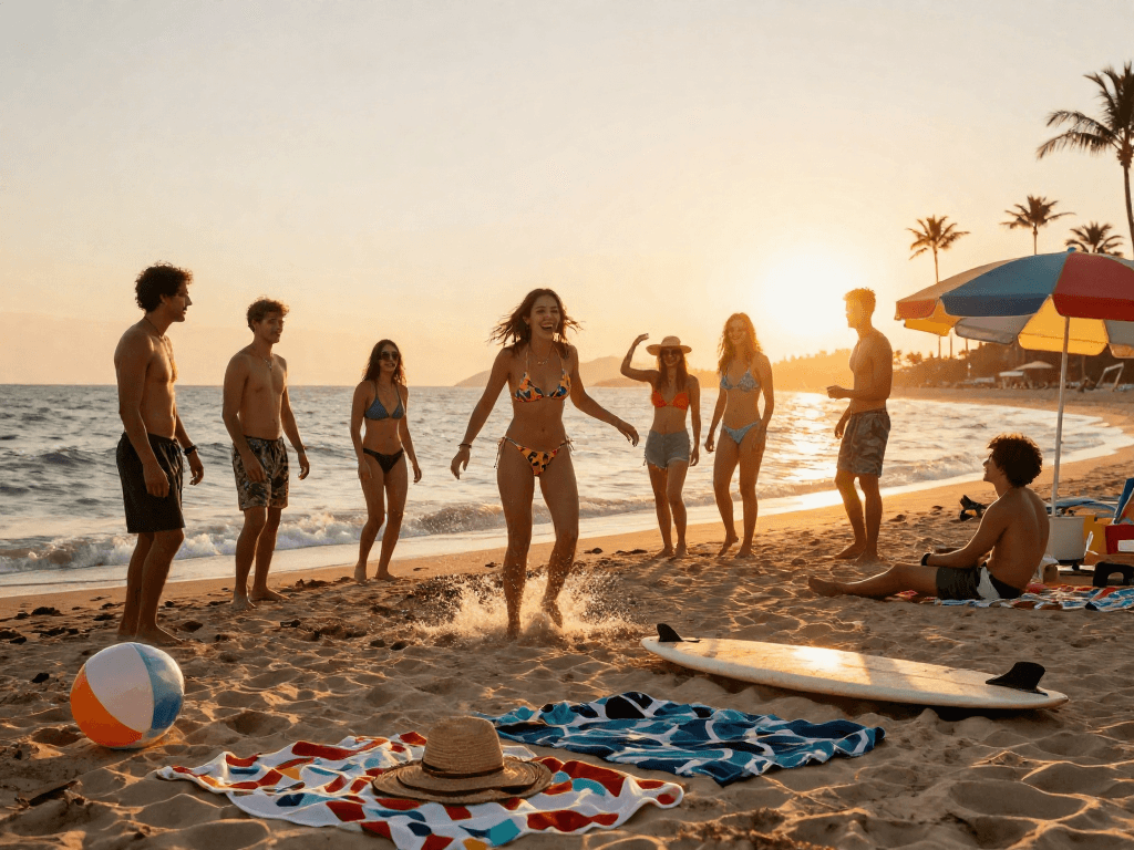 Group of friends at the beach showcasing BIKINISLOT swimwear style, vibrant summer fun.