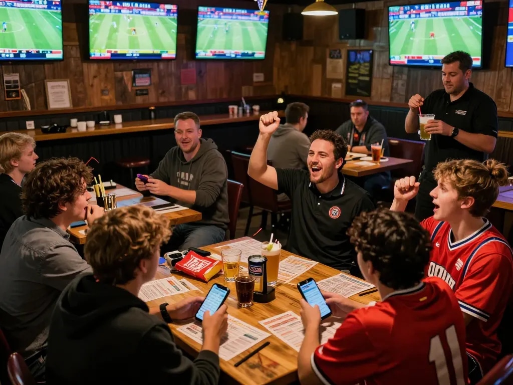 People engaging in thrilling sports betting at a lively venue, showcasing rr88 excitement and strategy.