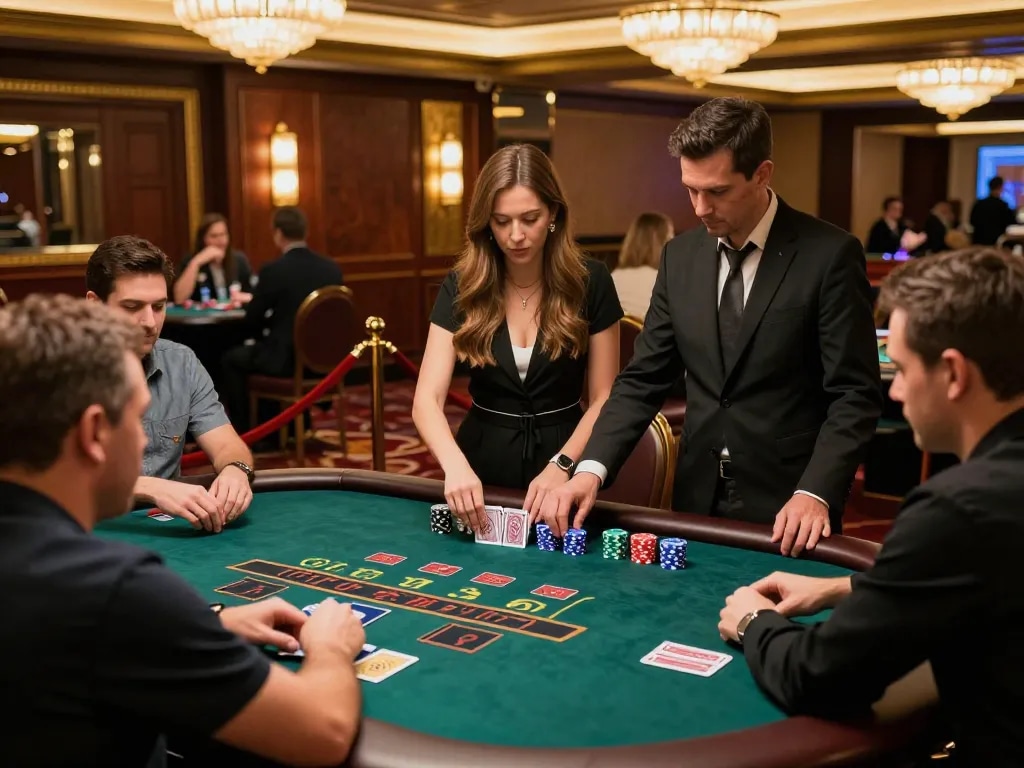 Players enjoying live blackjack at Tin88's upscale casino table, showcasing excitement and thrilling gameplay