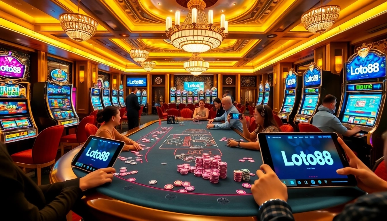 Players winning at Loto188 casino table with vibrant chips and slot machines.