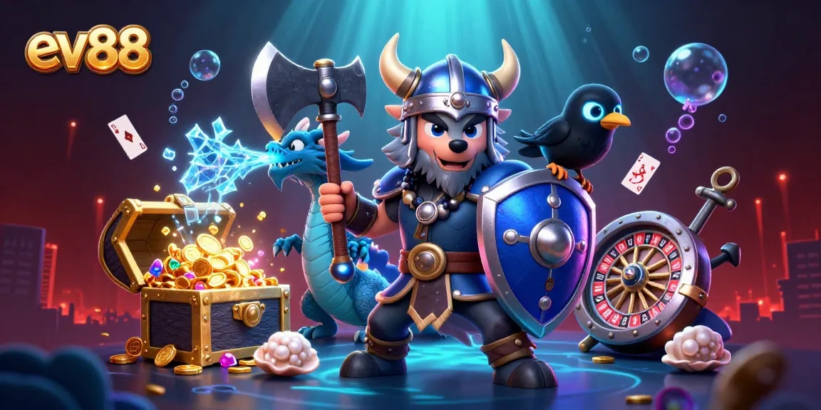 Experience thrilling gameplay at ev88 with a Viking warrior, fierce dragon, and casino elements in action.