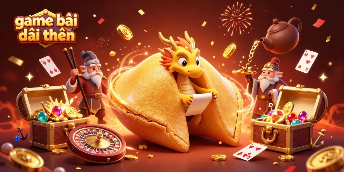 Experience thrilling game bài đổi thưởng with a vibrant 3D scene of festive fortune and magical elements.