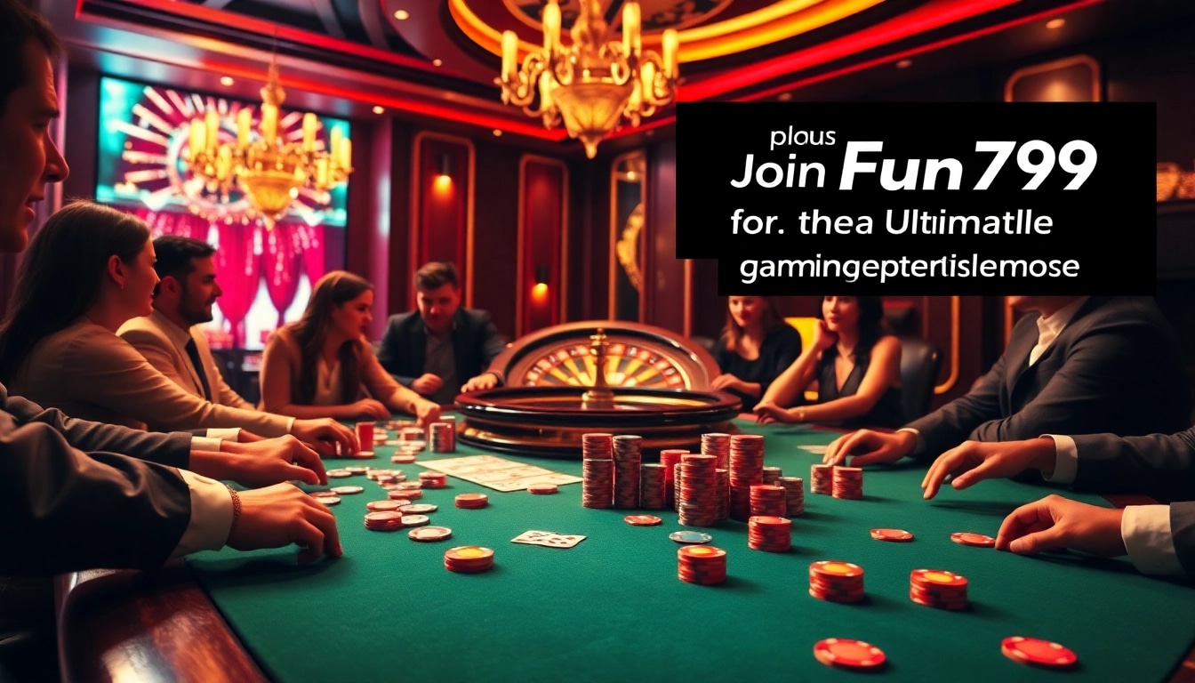 Players engaging at a poker table in a luxurious fun79 casino, surrounded by vibrant chips and cards.