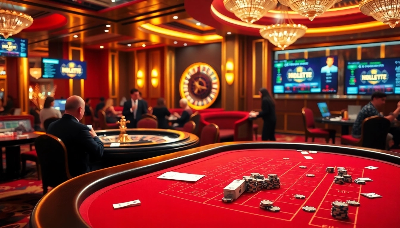 Engage in Hitclub đăng ký at an elegant casino scene filled with vibrant games, betting slips, and poker chips.