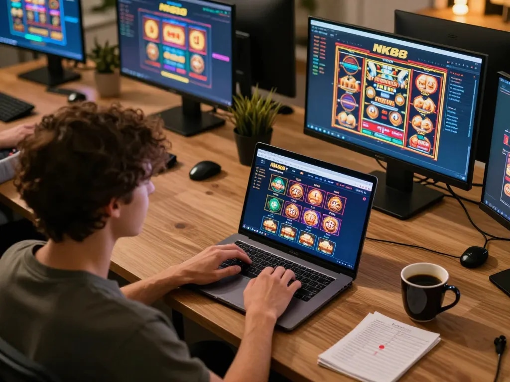 Engaged player strategizing on NK88 online casino platform with multiple screens in a cozy home setting.