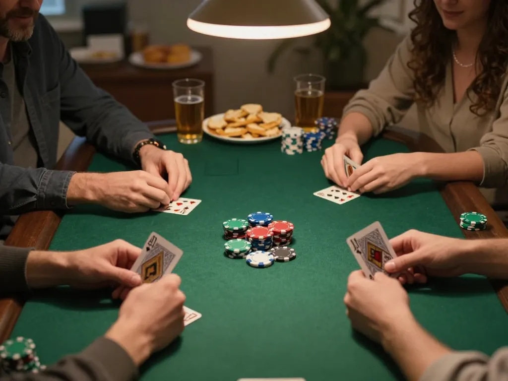 Engage in a thrilling poker game as participants strategize their moves with ok365 chips on the table.