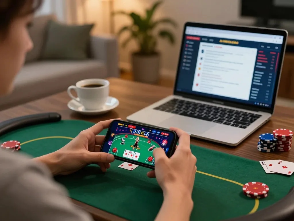 Player accessing link onbet to enjoy poker on a smartphone in a cozy home setup