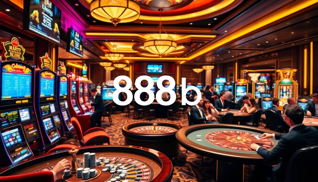 Players engaging in high-stakes games at 888b casino, showcasing vibrant slot machines and exciting atmosphere.