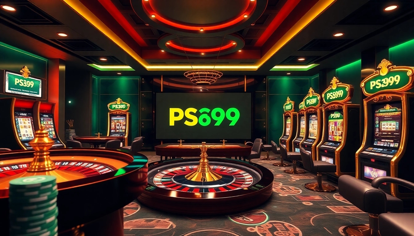 Engage with the vibrant online casino experience of Đăng Nhập PS99 featuring roulette wheels and poker chips.