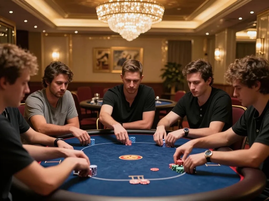 Rikvip players strategizing during an intense poker game at a luxurious casino table.