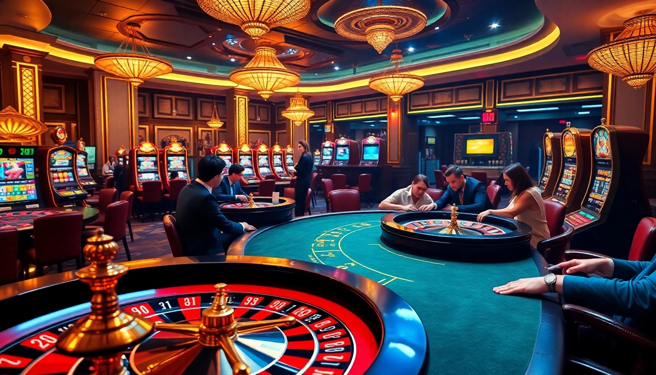 Experience luxury gambling at https://zk88.club/ with a vibrant casino filled with poker tables and roulette wheels.