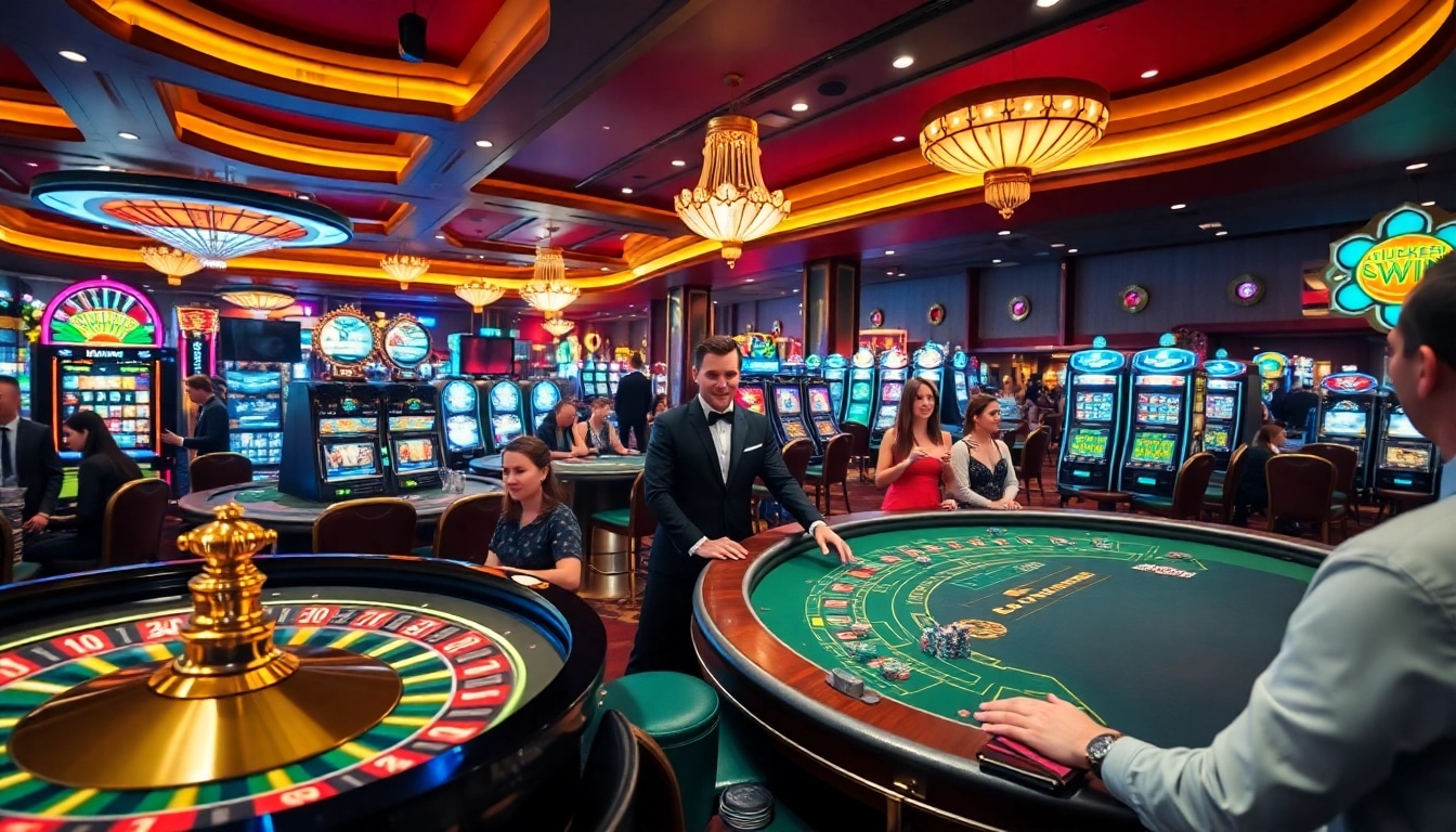 Experience the thrill of a luxurious casino scene at LuckyWin with vibrant gaming tables and slot machines.