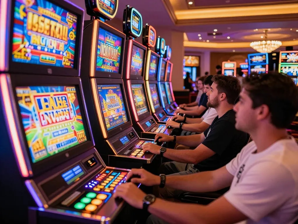 Hit club players engaging at vibrant slot machines in a lively casino environment
