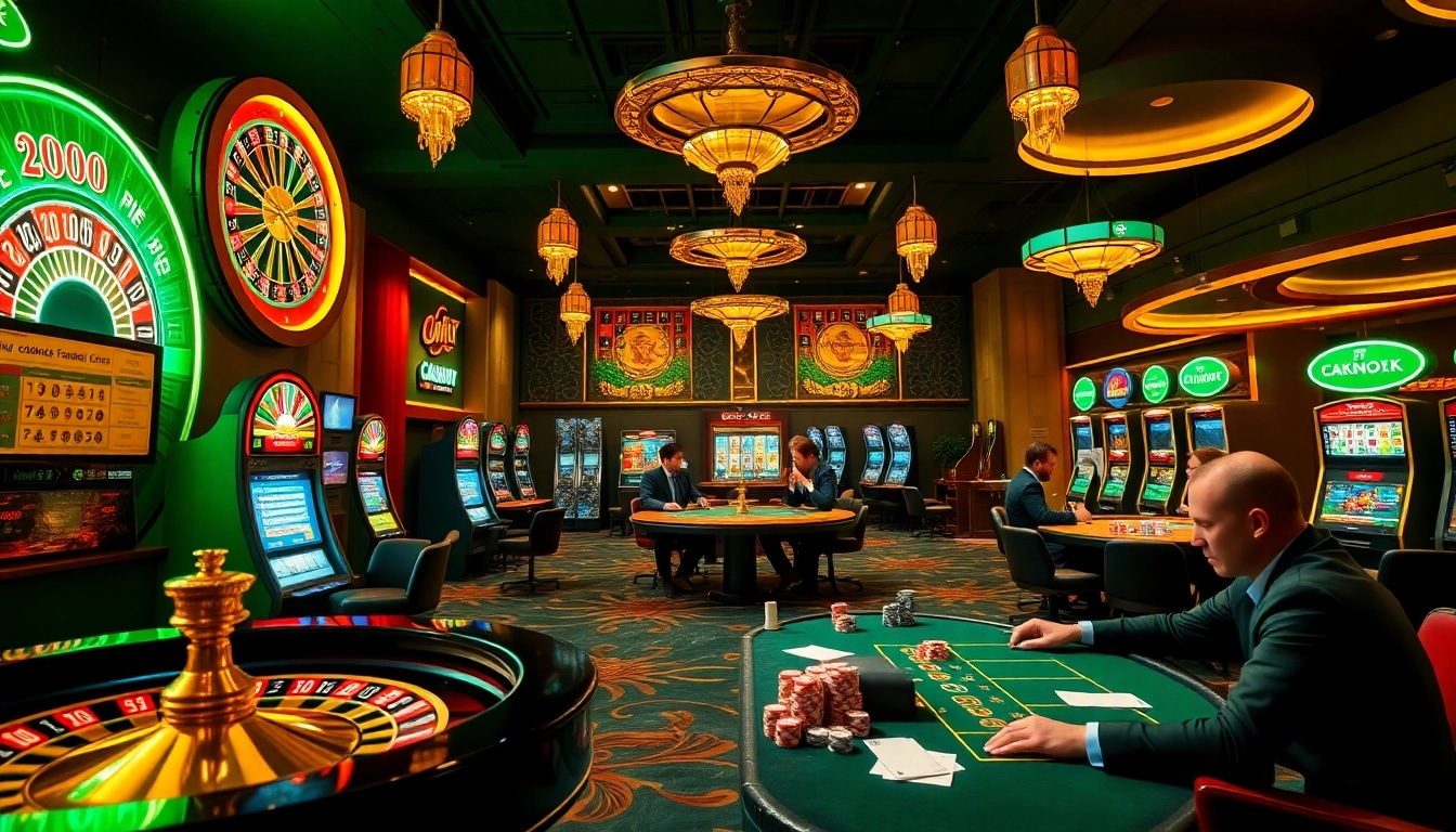 Experience thrilling okfun games with engaging casino visuals showcasing vibrant roulette wheels and poker tables.