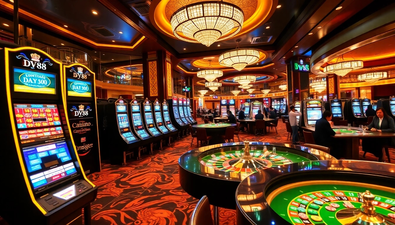 Experience the thrill of DV88 gaming in a luxurious casino environment with vibrant slot machines and roulette.