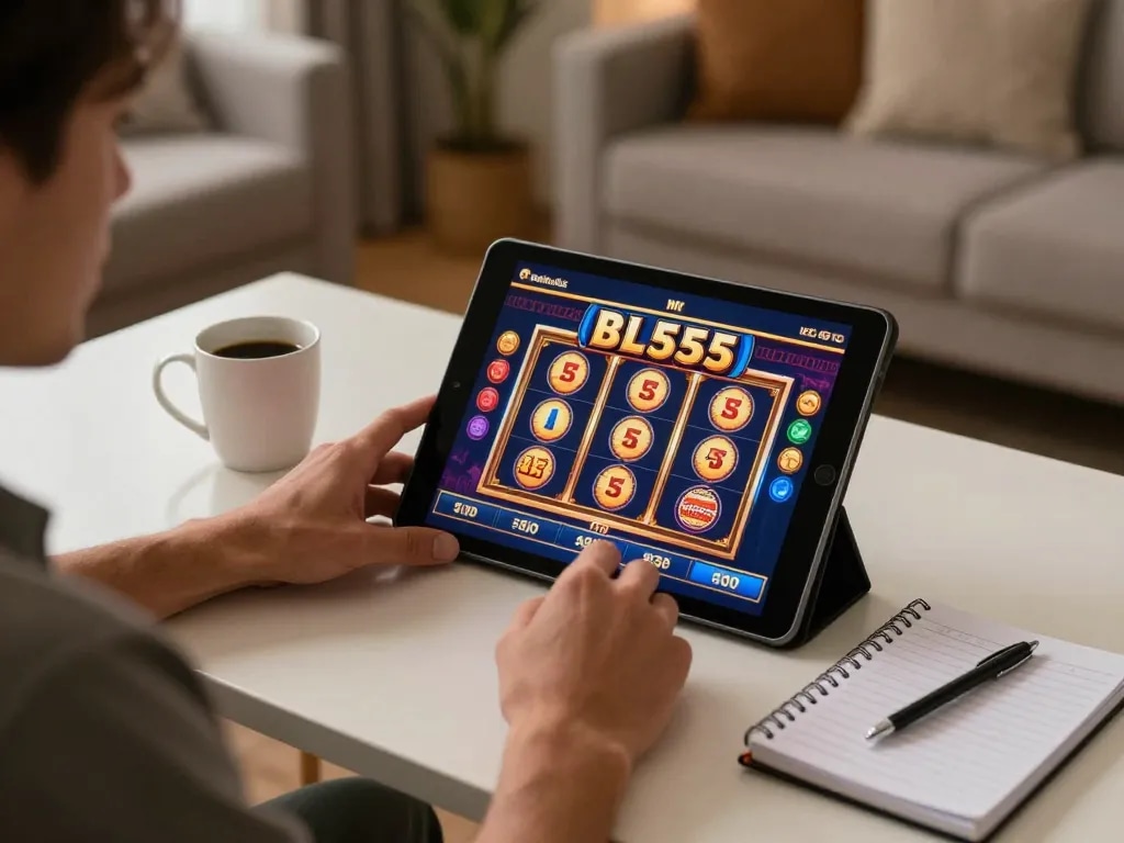 Player engaging with BL555's online casino slots on a tablet in a cozy home environment.