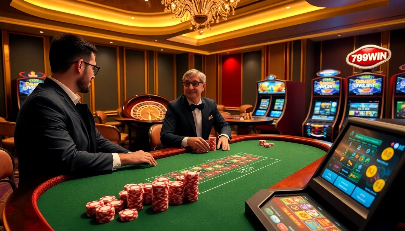 Experience the thrill of 789win as players engage at a luxurious poker table in an exciting casino atmosphere.