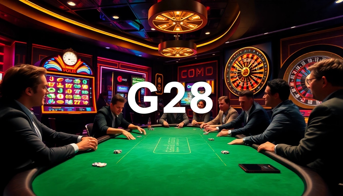 Players enjoy a thrilling poker game at G28 casino, surrounded by vibrant slots and roulette.