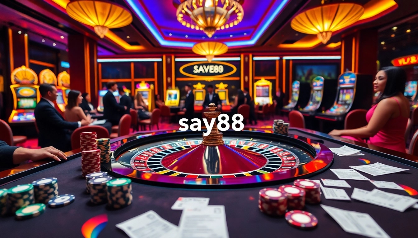 SAY88 players enjoying a thrilling roulette game in a luxurious casino atmosphere.