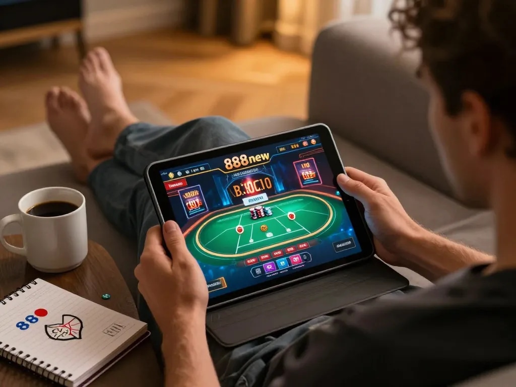 Playing casino online 888new on tablet in a cozy living room setting, highlighting online gaming.