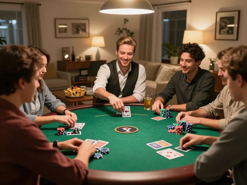 Friends enjoying an exciting poker night at home, showcasing uu88 gaming vibes, vibrant chips, and cards on the table.