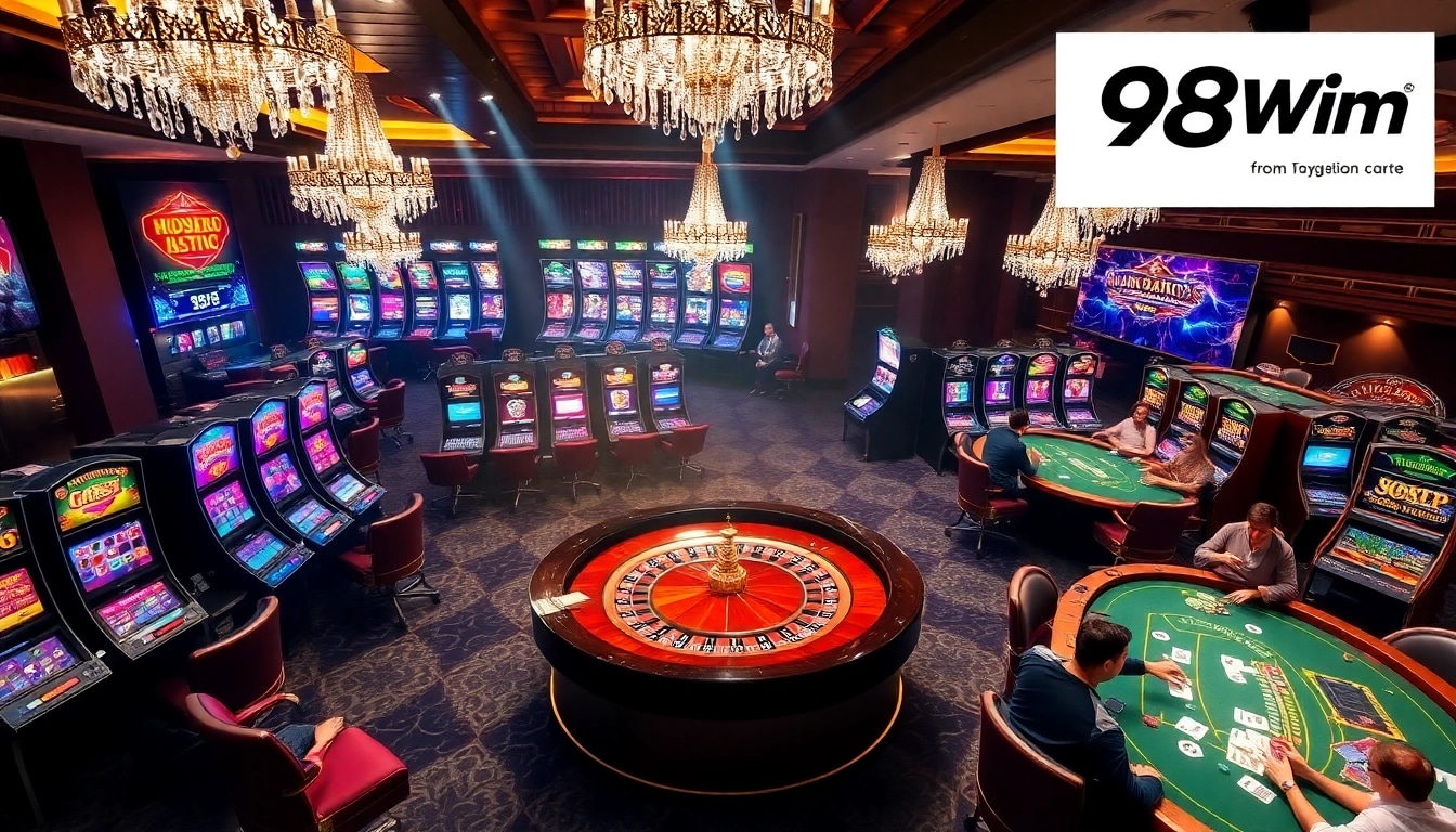 Experience an exciting gaming scene at 98Win with vibrant casino tables, poker chips, and players engaged in gameplay.